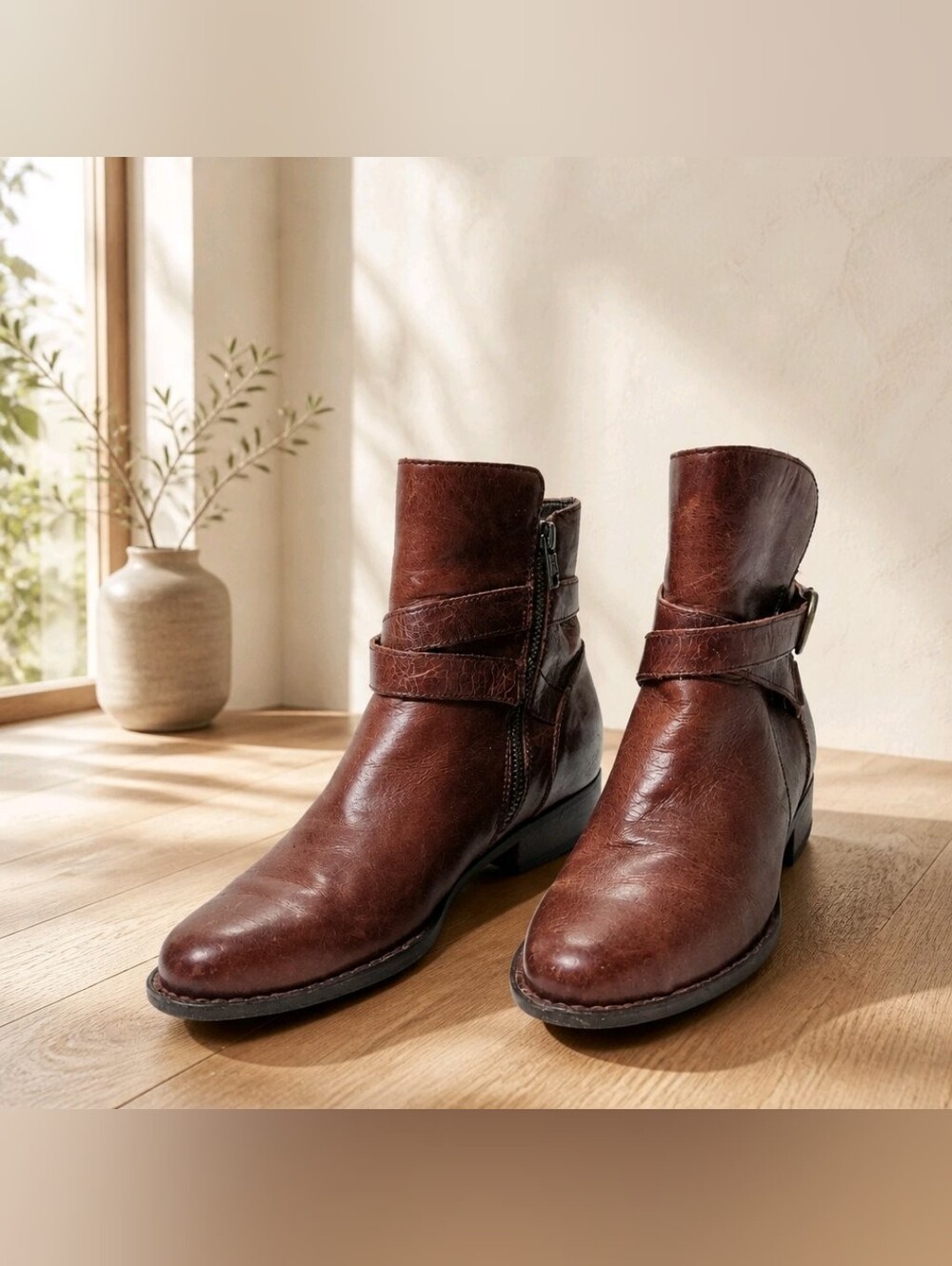 BORN Warm Brown Leather Ankle Boots with Wrap Strap & Buckle Womens Sz 9